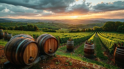 Obraz premium A captivating sunset view over a vineyard with wine barrels in the foreground, symbolizing winemaking