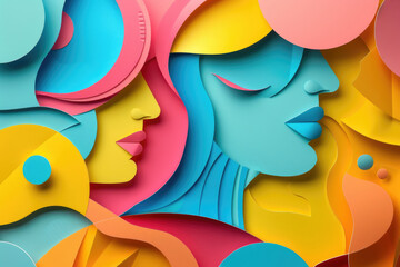 Obraz premium A womans face is surrounded by a variety of vibrant paper cutouts in different shapes and sizes