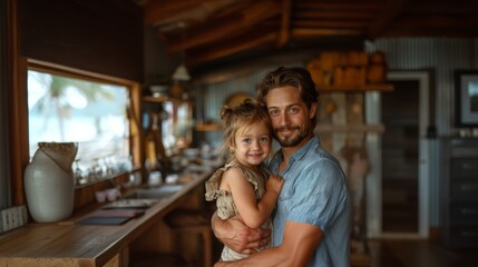 A father lovingly holds his young daughter in a cozy, well-lit home environment