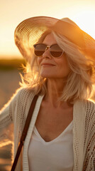 Fototapeta premium A woman in a hat and sunglasses standing in a field under the clear sky, surrounded by green grass