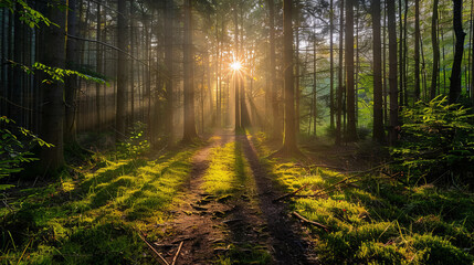 Obraz premium Sunlight filtering through dense forest creating serene path