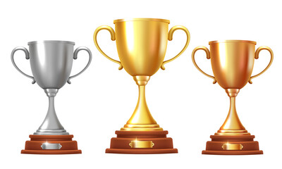 Gold, silver and bronze cups. Vector 3D illustration isolated on white background.