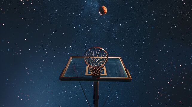 basketball basket with a ball, summer night vibe, sunset starry sky with a small moon in the distance, bottom view, copyspace - Powered by Adobe