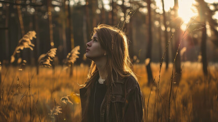 Woman enjoying nature in a sunlit autumn forest