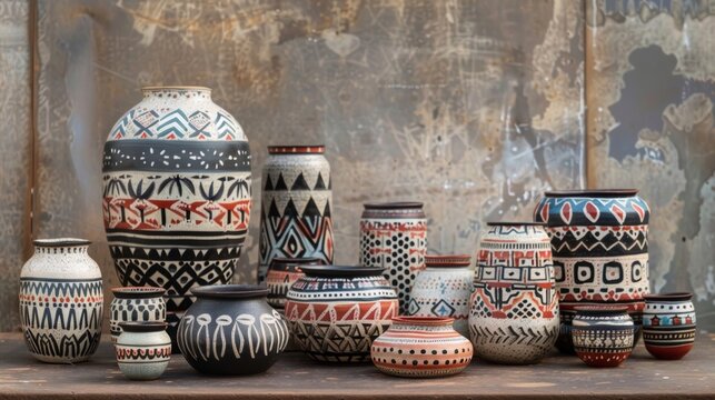 A collection of handpainted pottery adorned with intricate patterns inspired by Native American pottery techniques.