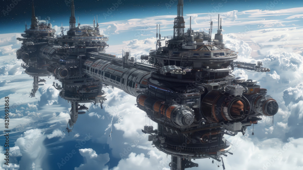 Poster a space station floats in the sky above billowing clouds, showcasing advanced technology in a surrea