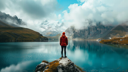 Person standing on rock overlooking tranquil mountain lake - Powered by Adobe