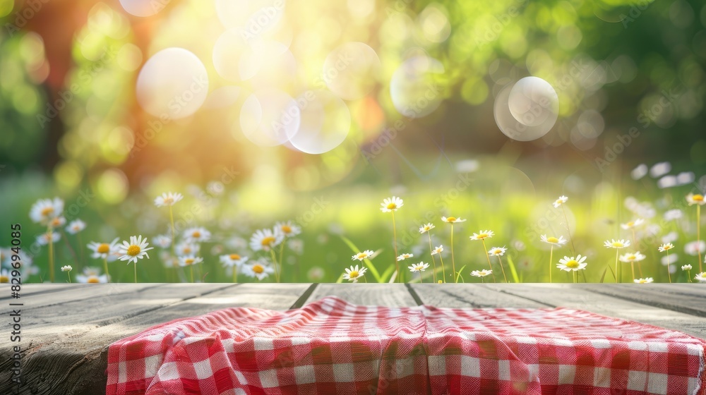 Poster product display and picnic concept with an empty rural table against a vibrant spring abstract bokeh