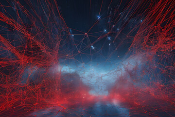 Dynamic digital network pulses with energy and connectivity, illuminated by bursts of lightning and vibrant red accents.