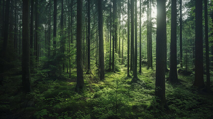 Obraz premium Sunlight filtering through lush green forest trees