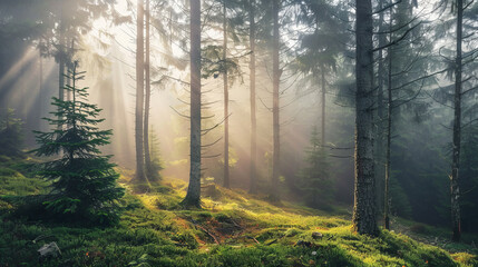Fototapeta premium Majestic forest with sunlight streaming through tall trees