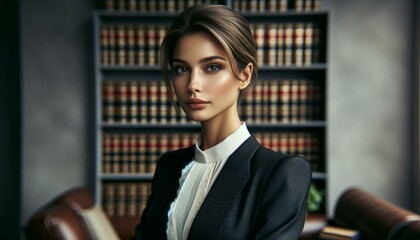 Serious Female Lawyer in a Law Library