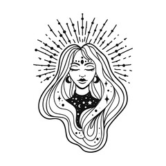 Fairy girl with space hair. Astrology and astronomy Business concept, fortune tellers, predictions, horoscope. Logo vector illustration. Witchcraft, spirituality. Coloring book