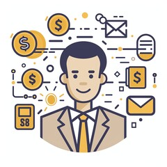 A man is smiling and surrounded by money
