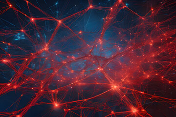 Dynamic digital network pulses with energy and connectivity, illuminated by bursts of lightning and vibrant red accents.