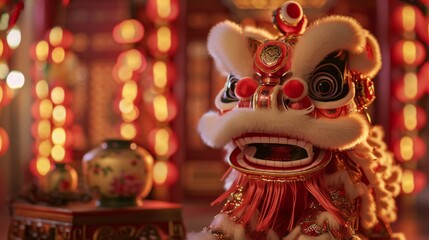 Fototapeta premium Traditional Chinese Dragon Statue with Red Lanterns