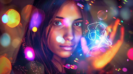 A woman holds a glowing, abstract artefact in a dimly lit room filled with vibrant, colorful lights and bokeh effects, creating a magical atmosphere at night
