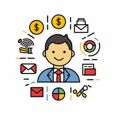 A man is smiling and surrounded by various items such as a tie, a cell phone