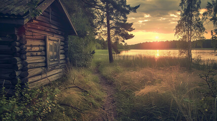 Rustic cabin by a peaceful lake at sunset - Powered by Adobe