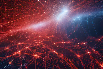 Dynamic digital network pulses with energy and connectivity, illuminated by bursts of lightning and vibrant red accents.
