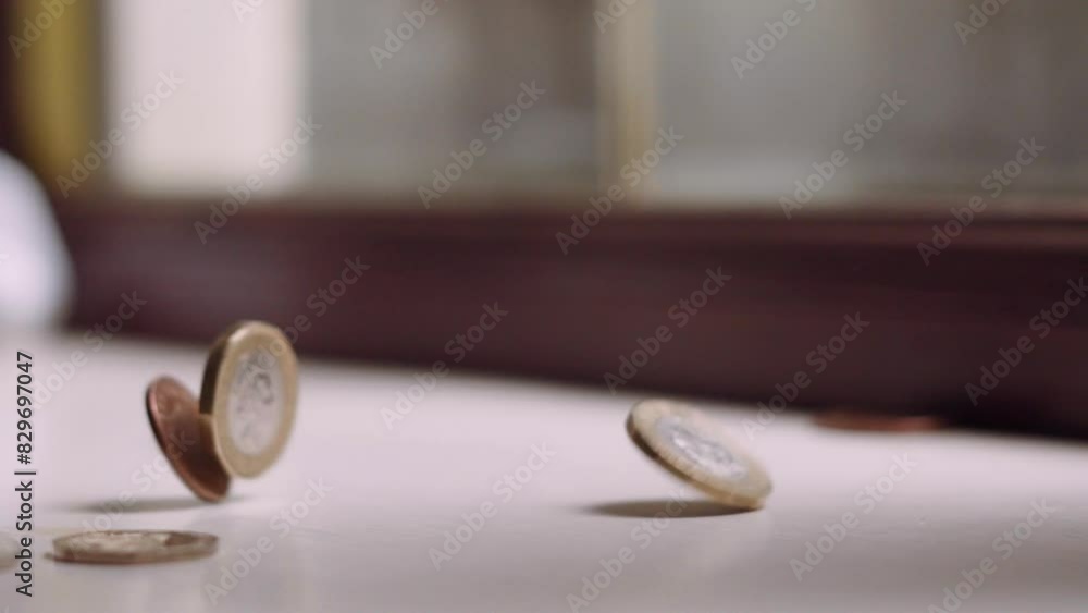 Poster british coins falling in slow motion with window background