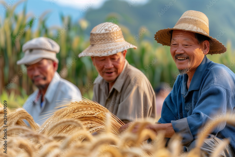 Poster three men are sitting in a field of grain, smiling and enjoying the day. scene is happy and relaxed.
