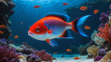 Fototapeta premium Vibrant Red and Blue Reef Fish Swimming Among Coral Underwater
