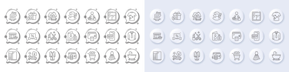 Marketplace, Discounts ribbon and Sale gift line icons. White pin 3d buttons, chat bubbles icons. Pack of Beauty, Wallet, Bath icon. Passport, Dress, Bathrobe pictogram. Vector