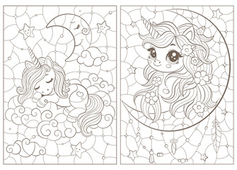 Set of contour illustrations in the style of stained glass with cute cartoon unicorns and the moon