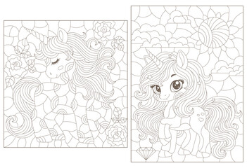 Set of contour illustrations in the style of stained glass with cute cartoon unicorns in the sky, dark outlines on a white background