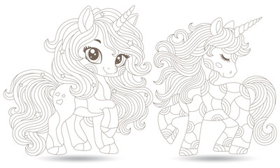 Fototapeta premium Set of contour illustrations in the style of stained glass with cute cartoon unicorns in the sky, dark outlines on a white background
