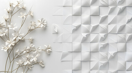 White geometric leaves 3d tiles texture Background. Generative AI.