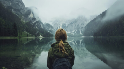 Woman admiring tranquil mountain lake reflection during misty morning