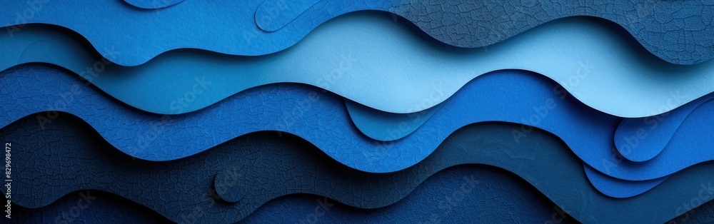 Poster detailed view of a rippling wave of blue paper, showcasing a unique texture and pattern