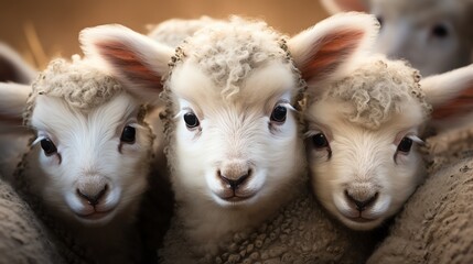 Closeup of cute lambs huddled together, fluffy and white