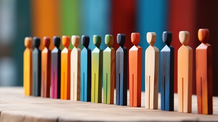 Fototapeta premium Colorful wooden figures in a line, representing diversity, vibrant background