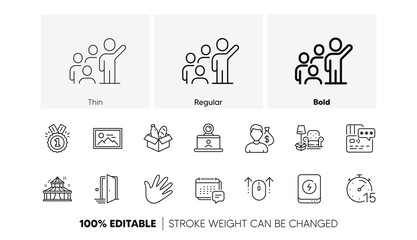 Circus, Video conference and Timer line icons. Pack of Leadership, Photo, Food donation icon. Power bank, Hand, Salary pictogram. Swipe up, Message, Approved. Packing things, Door, Card. Vector