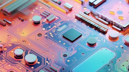 Close-up of a colorful computer motherboard with circuits, microchips, and transistors under soft lighting.