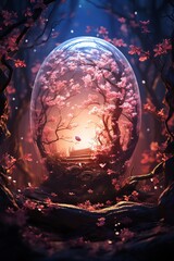 Glowing egg beneath cherry blossoms, mystical forest Twilight, enchanting light, detailed scene
