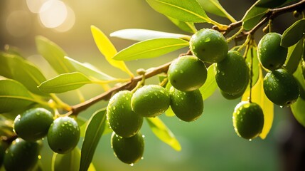 Green olives on tree branch in sunlight dewy fresh atmosphere