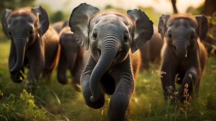 Group of baby elephants running joyfully through a grassy field