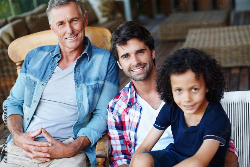 Poster Portrait, happy dad and grandfather with kid in home for care, support or interracial people bonding together to relax. Face, father and grandpa with child for love, connection or family relationship