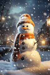Smiling snowman in a snowy setting with golden lights and snowflakes falling
