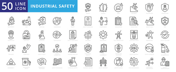 Industrial safety icon set with hazard, risk, management, accident, prevention, protection, equipment, workplace, incident report, training and emergency.