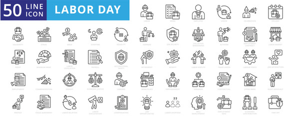 Labor day icon set with work, employee, union, celebration, holiday, solidarity, right, employment, protest and strike.