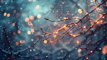 Enchanting Winter Wonderland: Cinematic Close-up of Branches with Lights in a Cold, Cozy Night Scene - Editorial Magazine Photography