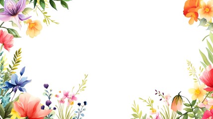 Fototapeta premium A beautiful floral border featuring colorful watercolor flowers and green foliage on a white background, perfect for invitations and greeting cards.