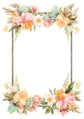 Beautiful floral border frame with pastel flowers and leaves, perfect for invitations, greeting cards, and design projects.