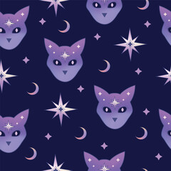Mystical spiritual vector pattern with  witch cat. Wicca design, modern witchcraft concept
