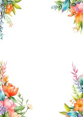 Elegant floral frame with colorful flowers and leaves, perfect for invitations, greeting cards, and decorative templates. White background.